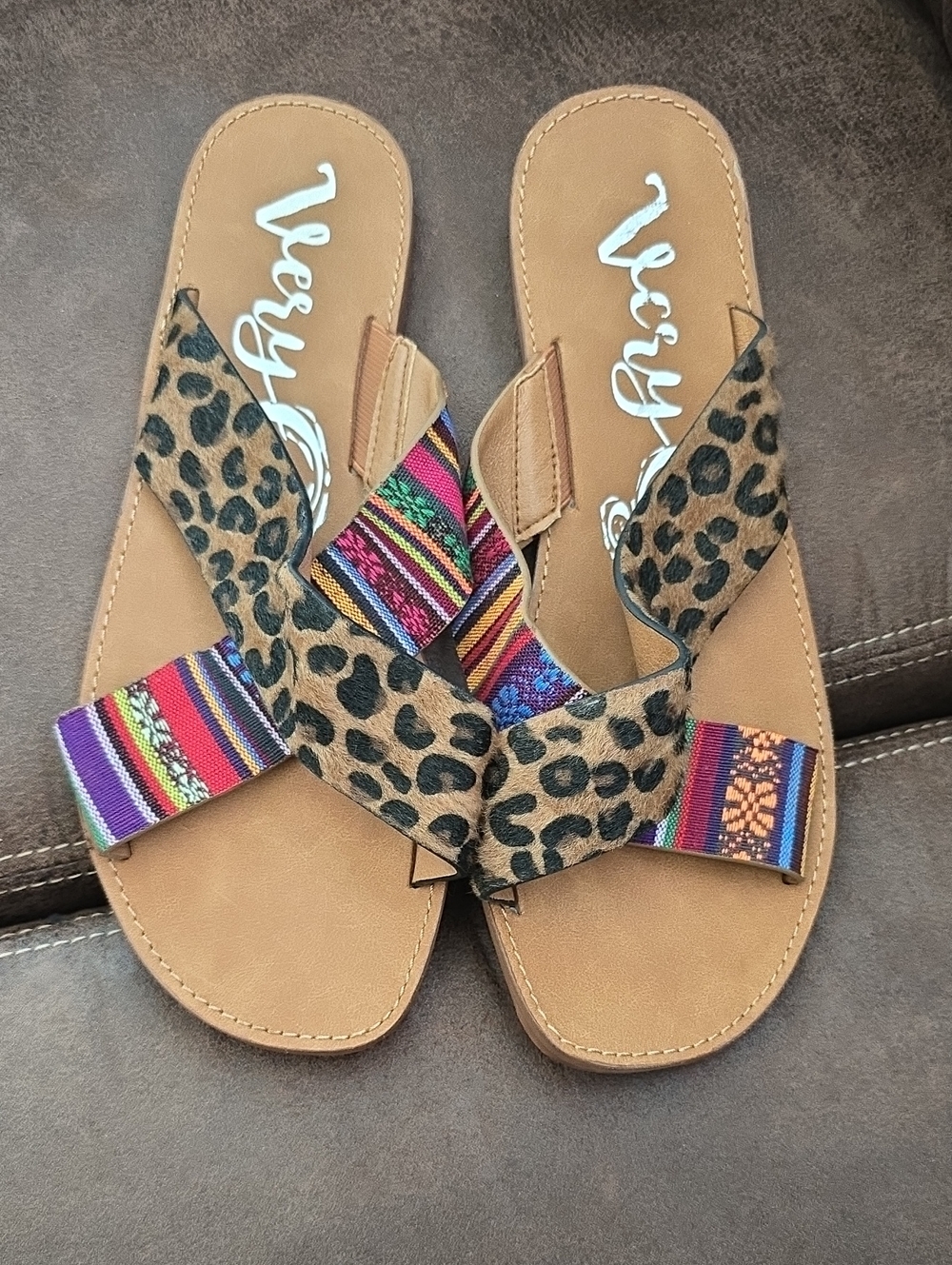 Very G Tan Sandals with Leopard Print and Colorful Woven Straps